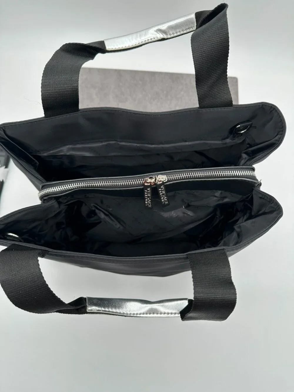Versace Parfums Nylon Canvas Fashion Tote Bag Detachable Strap Black/Silver Tone